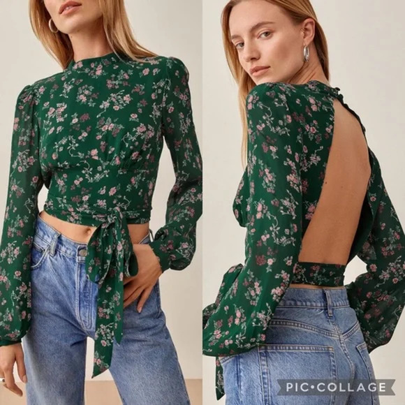 Reformation Shirt Sz 12 Raye Emilia Green Floral Long Sleeve Open Back Crop - Picture 1 of 14
